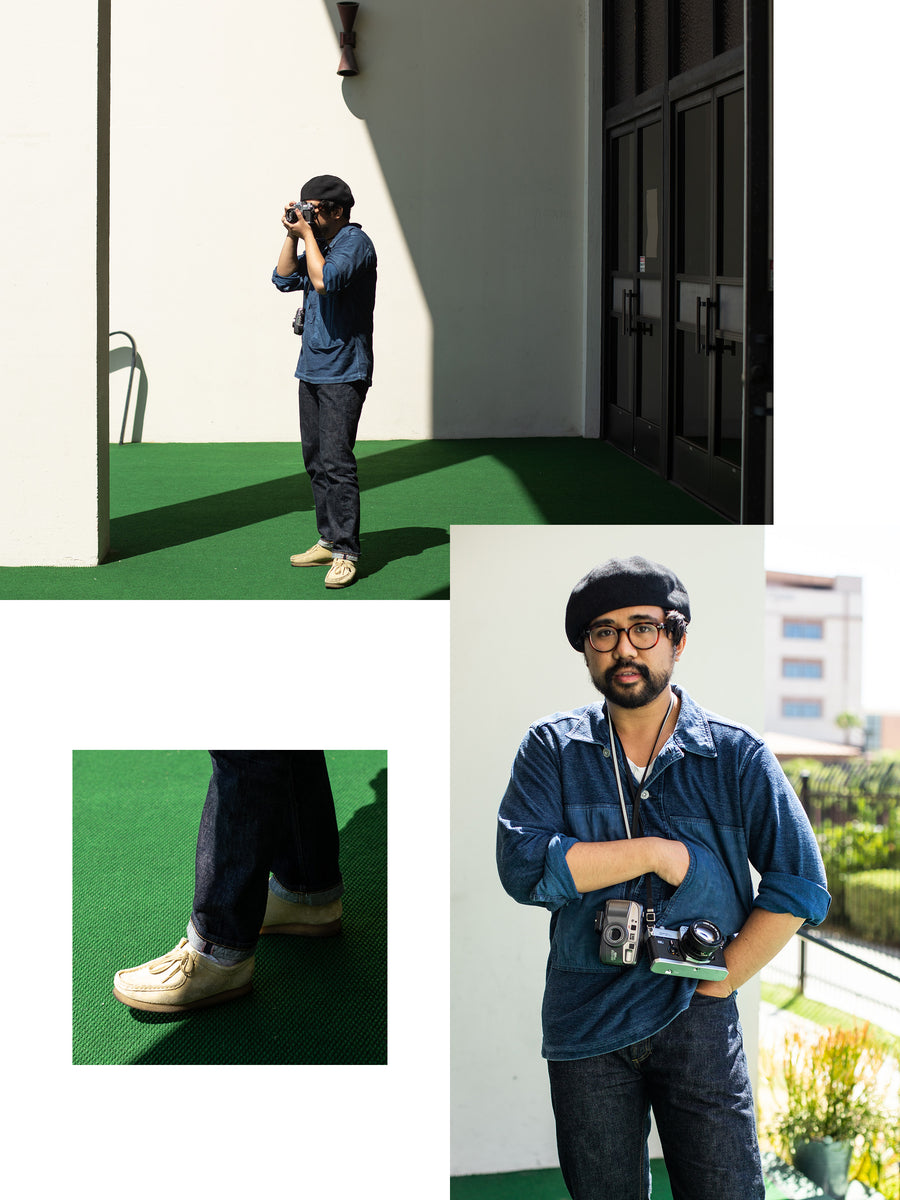 A three photo collage of a man in a blue popover, black beret and dark blue jeans.