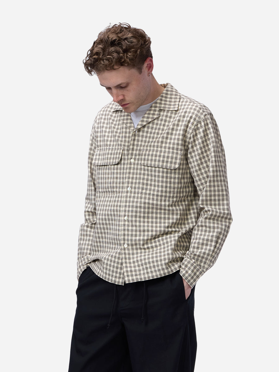 Open Collar Shirt ~ Ecru Micro Plaid