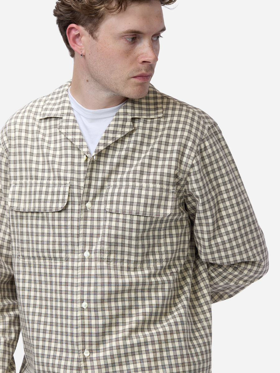 Open Collar Shirt ~ Ecru Micro Plaid