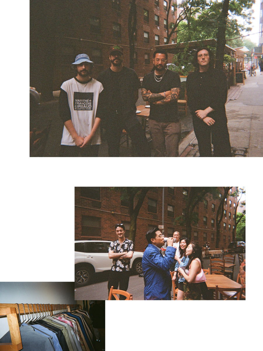 A trio of photos of men hanging out on the sidewalk in the summertime.