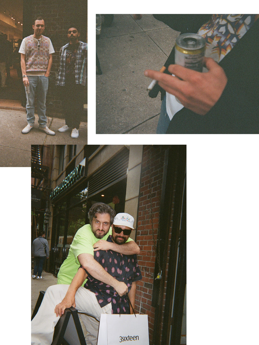 A triptych of photos of men embracing and hanging out on the street.