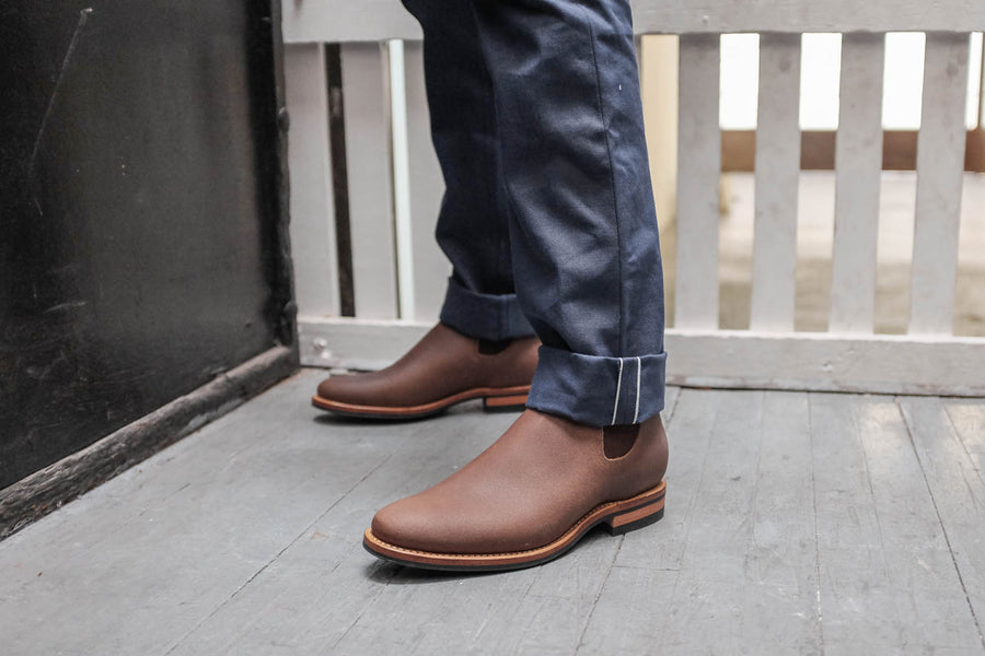 Close up of the selvedge id on the navy chinos