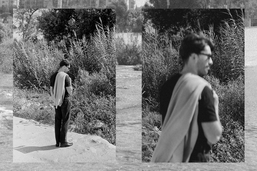 A diptych of a man wearing a sweater and black jeans.