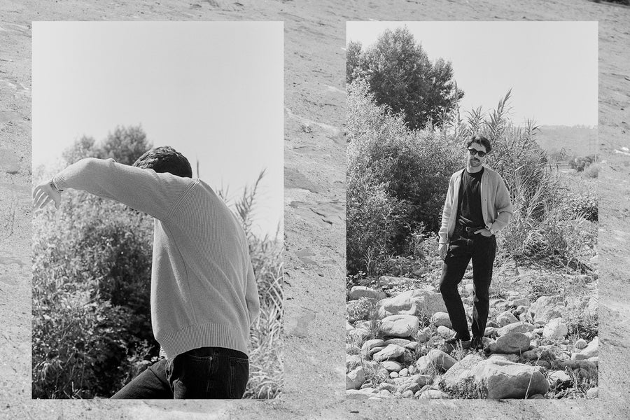 A diptych of a man in a light colored sweater and dark jeans crossing a river.