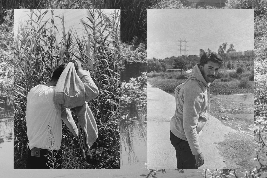 A diptych of a man in a grey pullover hoodie.