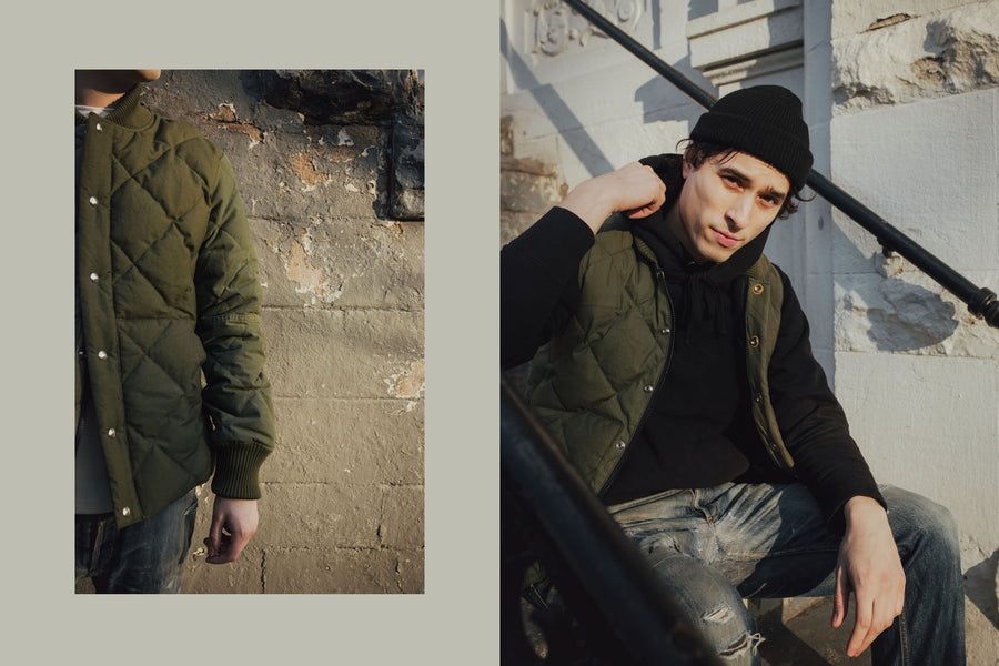A diptych of the patchwork jacket alongside a portrait of the model wearing the vest over a 3sixteen black pullover hoody.