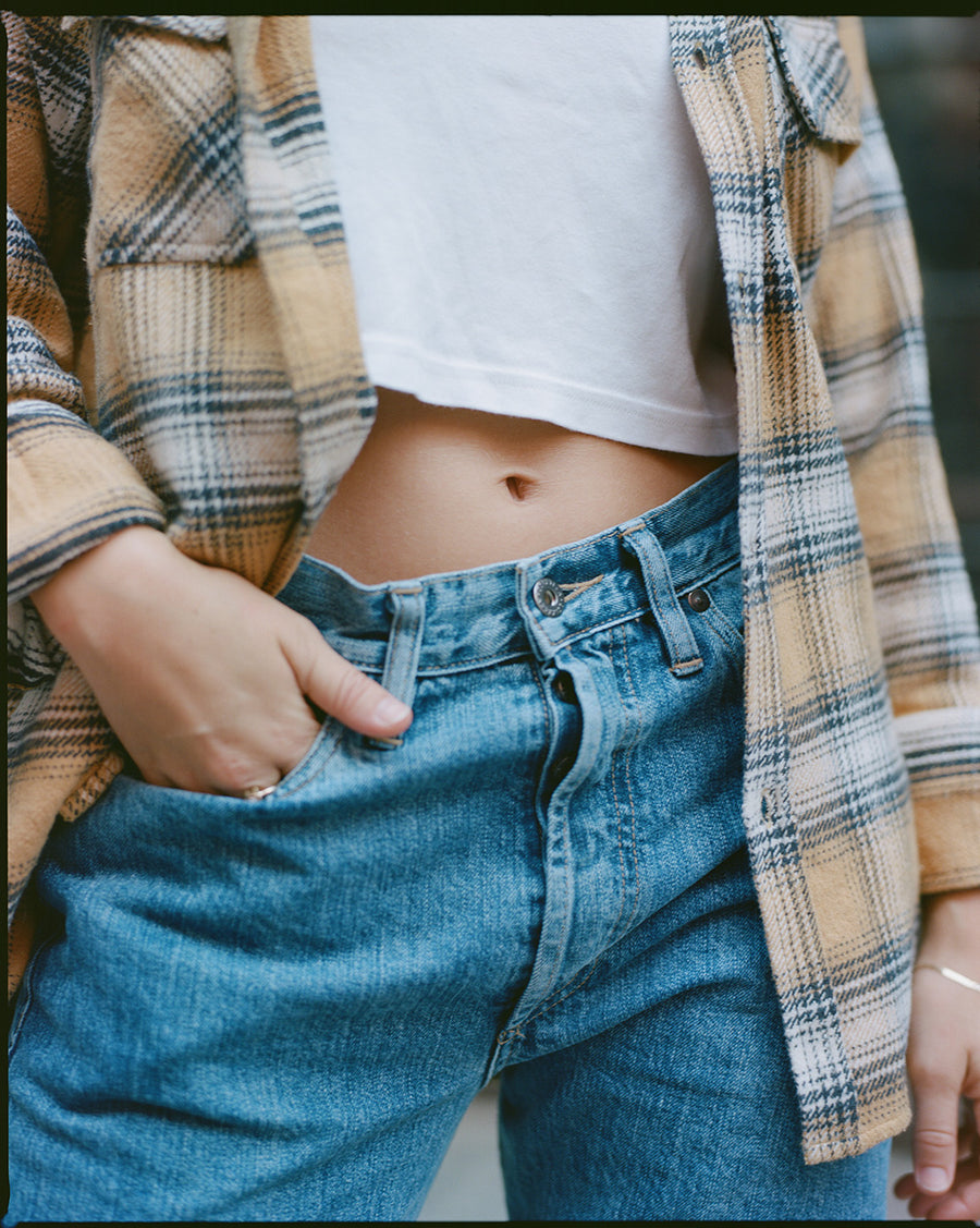 Yellow flannel and blue jean textures.
