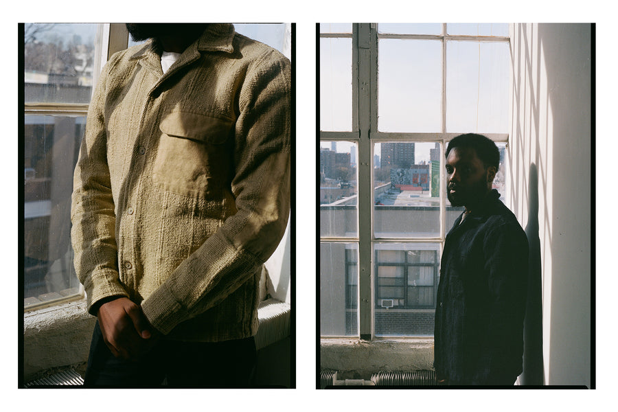 A diptych of a highly textured shirt as worn by a man in a studio.