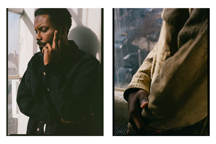 A diptych of a man in a textured shirt in black and tan.