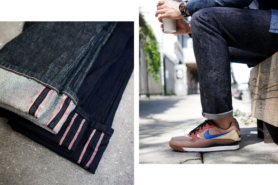 A closeup look at the double redline selvedge ID on the 3sixteen kibata jeans in both indigo and shadow colorways.