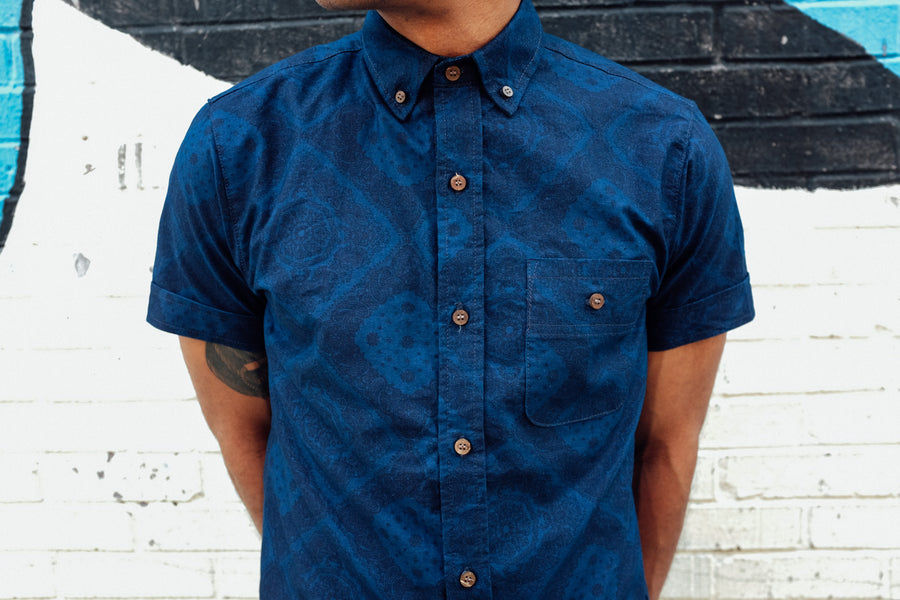 A closeup of the indigo bandana short sleeve shirt.